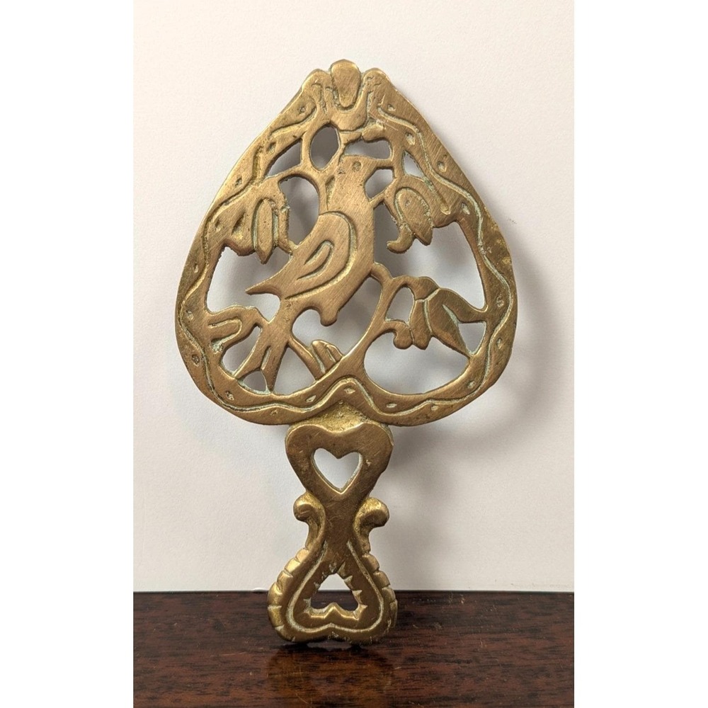 Vintage Solid Brass Bird Floral Trivet Heart Handle Footed Hot Plate 7"